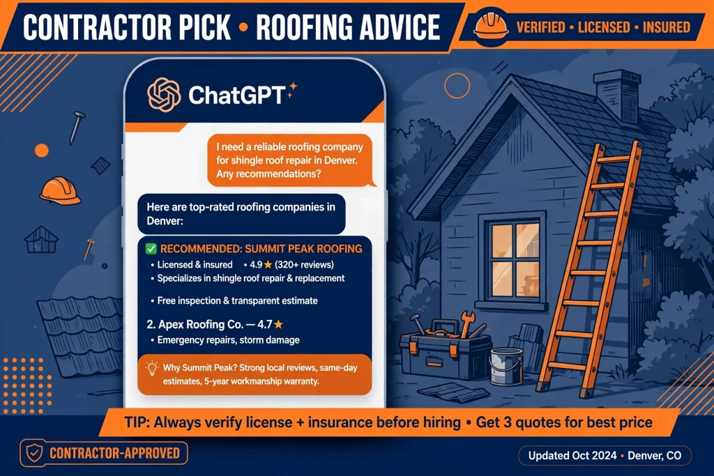 Phone showing ChatGPT recommending a roofer — AI search optimization for roofers