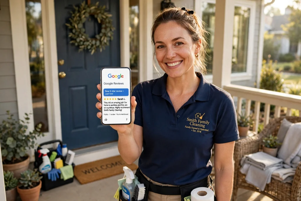 Cleaning company reviews shown as 5-star Google ratings on a phone